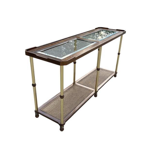 Wood Vintage Hollywood Regency Faux Bamboo Brass Console Table With Cane Shelf & Double Glass Top | Chinoiserie Campaign Entry Table For Sale - Image 7 of 12