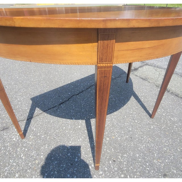 Brown Pair 1930s American Federal Mahogany Inlaid Large Demilune Console Tables or Dining Table For Sale - Image 8 of 11