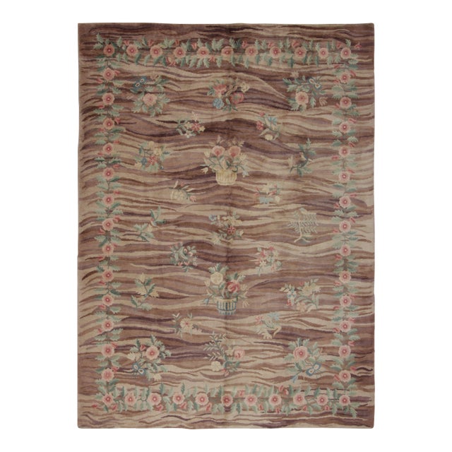 Rug & Kilim’s Modern Spanish European Rug in Brown With Floral Patterns “Bilbao” For Sale