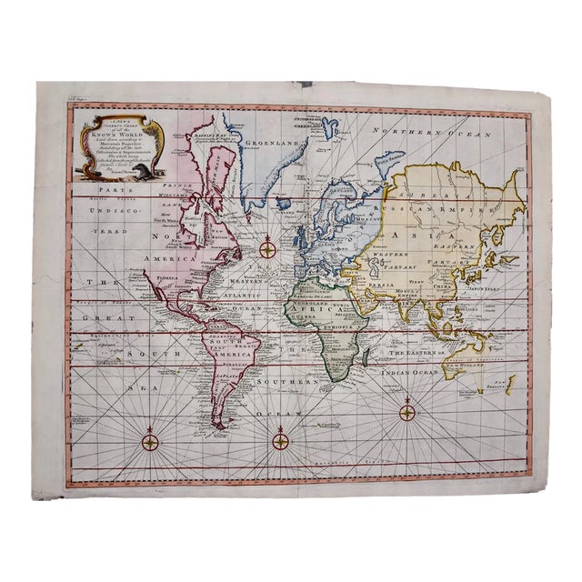Map of the World: An Original 18th Century Hand-Colored Map by E. Bowen, 1744 For Sale