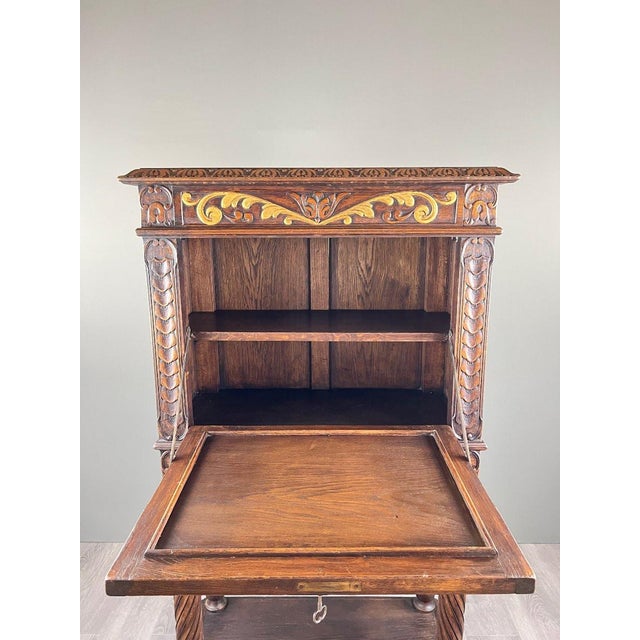 19th Century Neo-Renaissance Carved and Polychrome Wooden Secretary Desk For Sale - Image 9 of 13