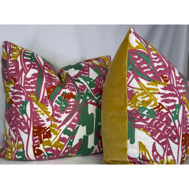 Custom pair of 22" pillows covered in Stroheim "Magdalene Island" in color yellow/pink and backed in a coordinating yellow...