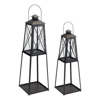 Traditional Metal Lantern with Tapered Stand (Set of 2) For Sale