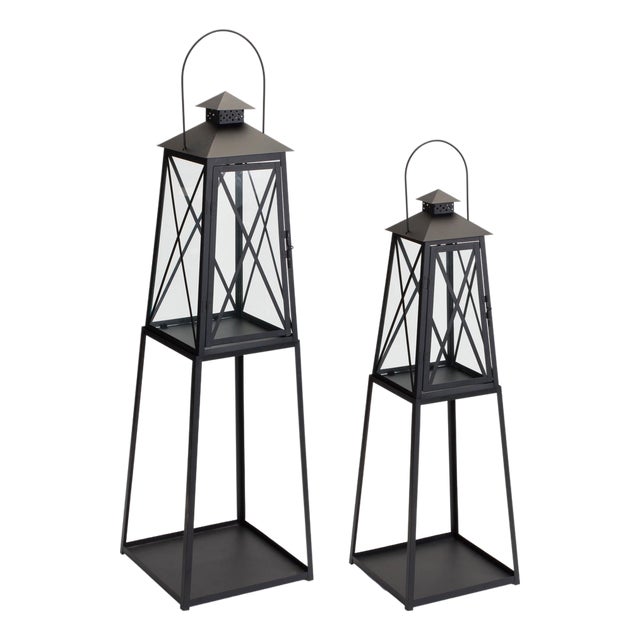 Traditional Metal Lantern with Tapered Stand (Set of 2) For Sale