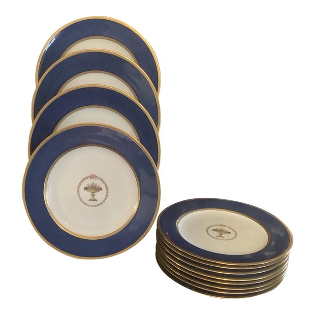 Set of 12 Spode Copelands Cobalt Dinner Plates, Acid Etched Gold For Sale