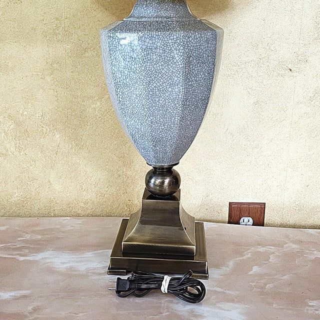 Vintage Crackle Glaze Ceramic Table Lamp on Antiqued Brass Base, Transitional Style For Sale - Image 4 of 18
