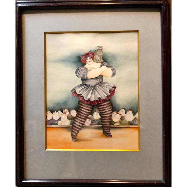 Voluptuous, ala Fernando Botero, female circus performer with spectators and cat. Haya Ran was born in Holon, Israel in...
