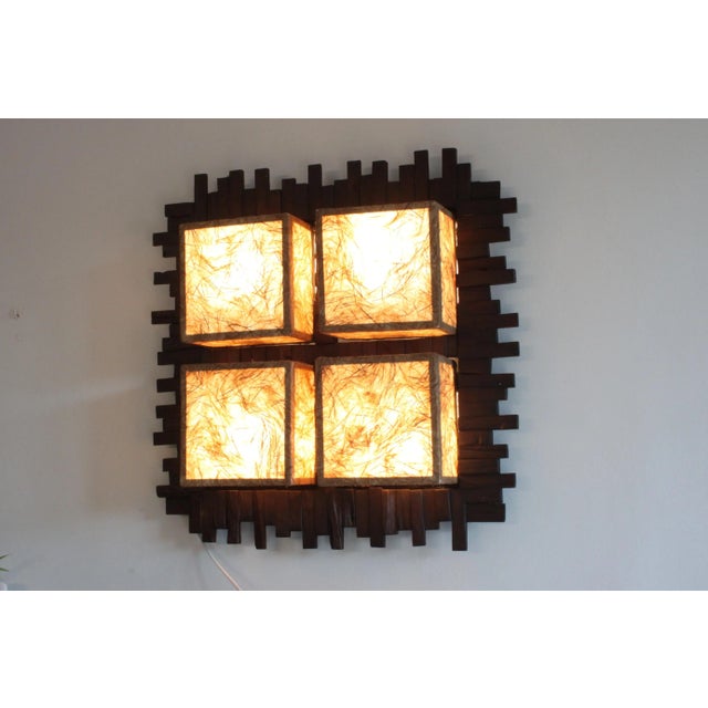 Modern Tropical Wall Lamp in Wood and Fabric, 1970s. For Sale - Image 6 of 9