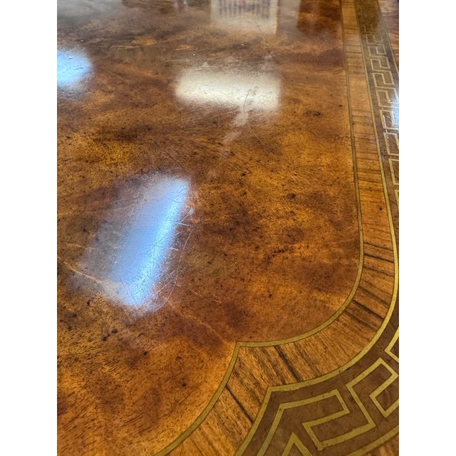 Regency Style Burl Wood Double Pedestal Dining Table With Brass Greek Key Inlay & Two 25” Leaves For Sale - Image 11 of 12