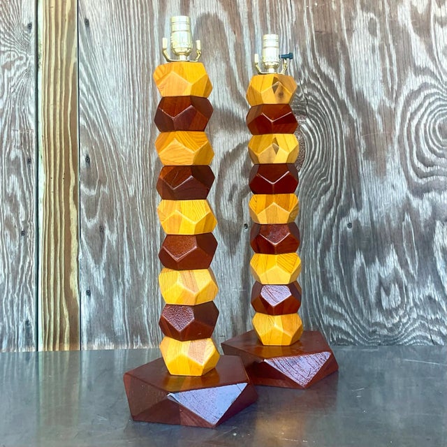 Late 20th Century Vintage Boho Stacked Faceted Wood Block Lamps - a Pair For Sale - Image 5 of 6