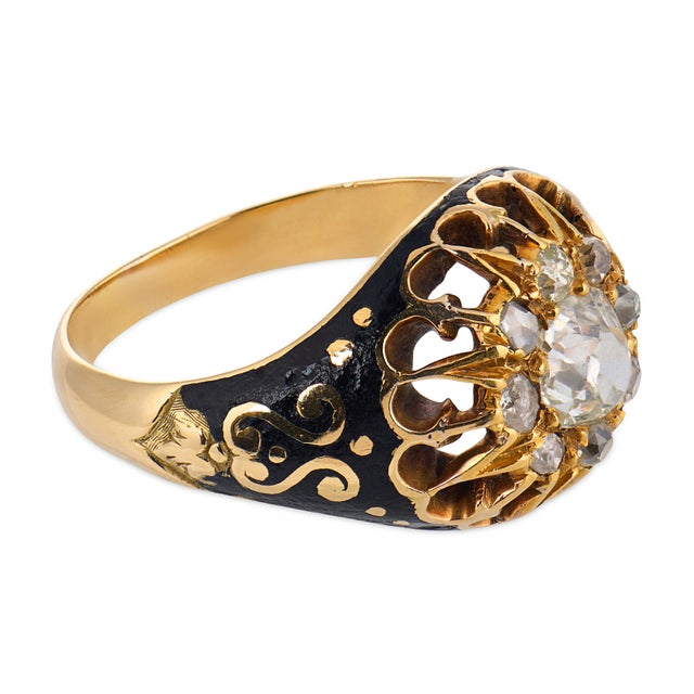 19th Century Victorian Diamond 14k Yellow Gold Silver Enamel Ring, Size 6.5 For Sale In Los Angeles - Image 6 of 6