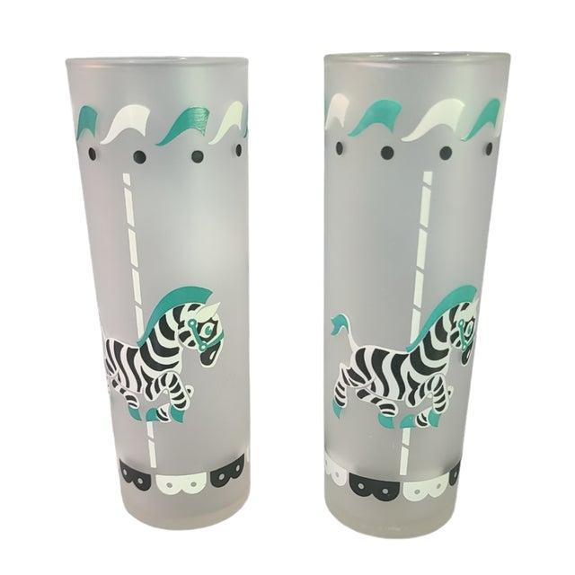 Mid 20th Century Vintage Pair of Libby Carousel Animal Zebra Frosted Highball Tumblers Glasses For Sale - Image 5 of 5