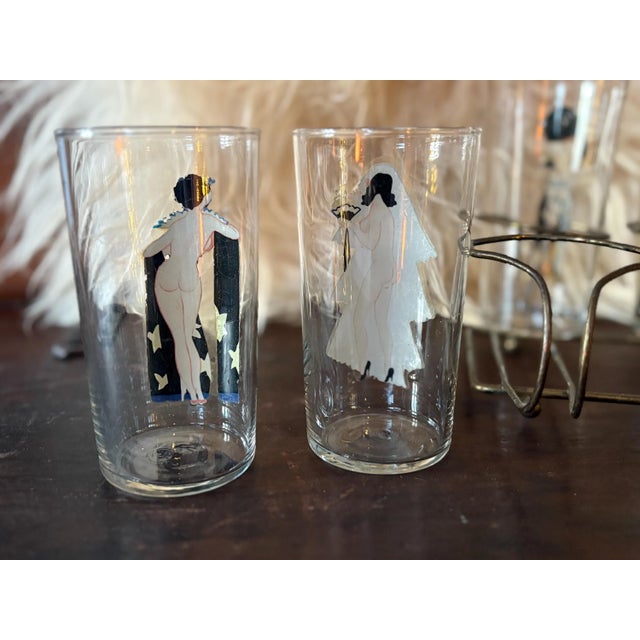 Federal Glass 1940s Peek-a-Boo Pinup Tumblers With Brass Caddy, Set of 8 by Federal Glass For Sale - Image 4 of 6