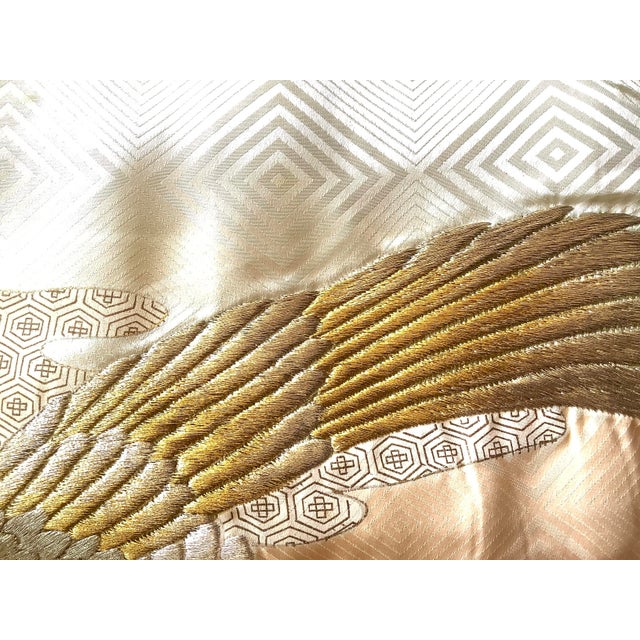 Mid Century Japanese Kimono Silk Boys Antique Hand Embroidery Navy Eagle Falcon Bird Kyoto Obi Sash Gold Foil For Sale - Image 10 of 16