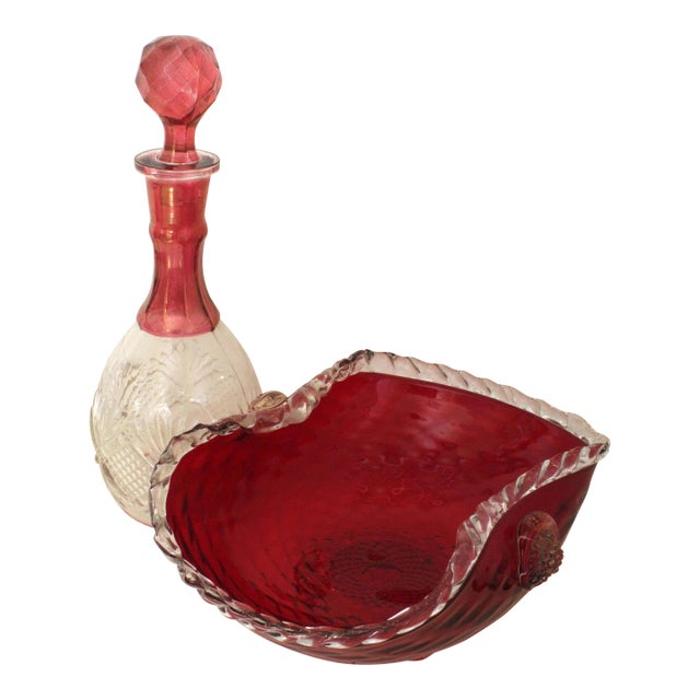 Vintage 1960s Bohemian Cranberry Crystal Decanter & Murano Gold Flake Ruby Glass Bowl Set – Barware Vignette For Sale