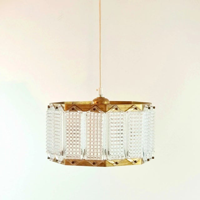 Stunning Scandinavian mid-century modern glass & brass ceiling light/pendant by Wiktor Berndt for Flygsfors (Sweden,...