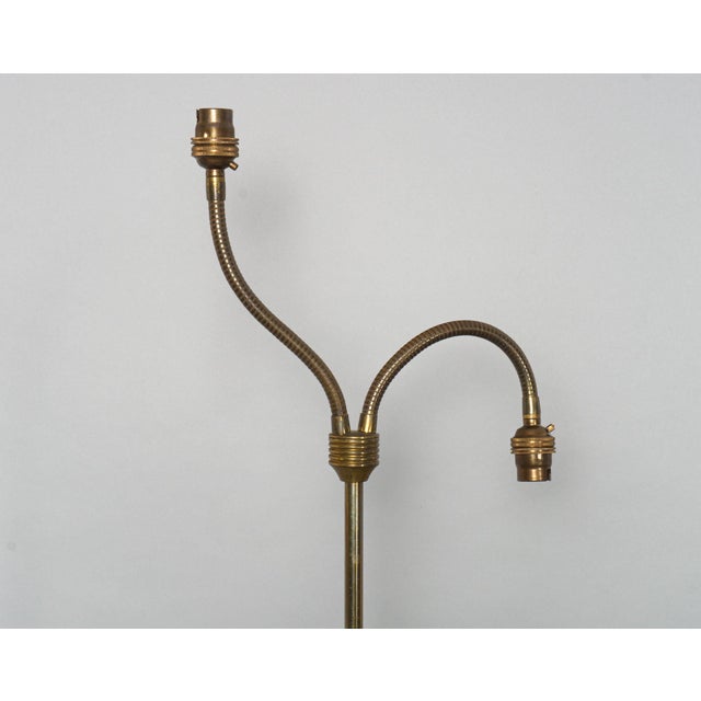 Vintage Danish Brass and Cast Iron 2-Arm Floor Lamp with Plectrum Shaped Base, 1950s For Sale - Image 3 of 6