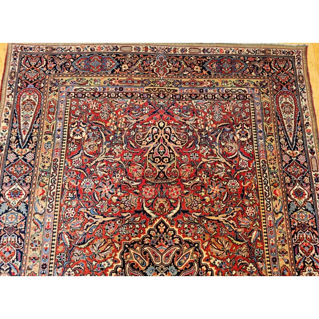 Early 20th Century Kashan Rug, Hand-Knotted Wool & Cotton, Floral Design, Red & Navy, 5x7 For Sale - Image 9 of 16