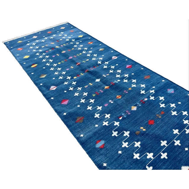 Textile Handmade Cotton Denim Blue Shooting Star Runner Rug, Vegetable Dyed Dhurrie Runner -2.5'x8' For Sale - Image 7 of 10