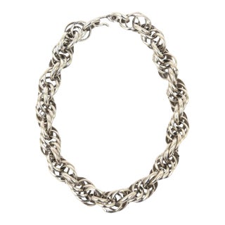 Vintage Sterling Silver Italian Hallmarked Twisted Chain Link Sculptural Collar Necklace For Sale