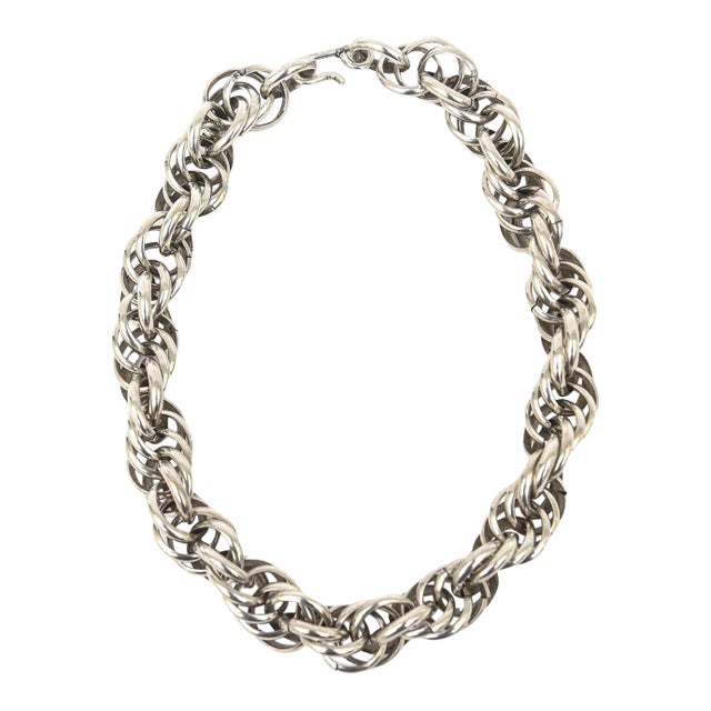 Vintage Sterling Silver Italian Hallmarked Twisted Chain Link Sculptural Collar Necklace For Sale