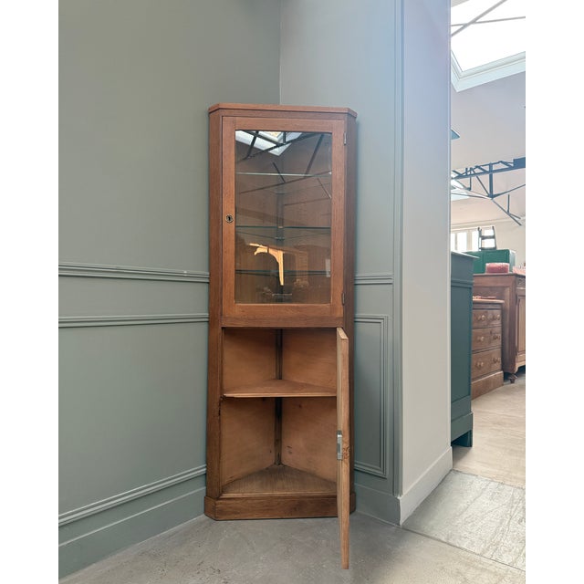 Vintage Oak Corner Cabinet with Glass Front, 1950s For Sale - Image 3 of 11