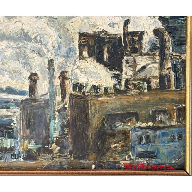 Wood Original Signed Industrial Cityscape Painting on Board C1976 For Sale - Image 7 of 12