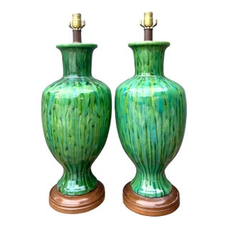 Vintage Mid-Century Modern Drip Glaze Ceramic Lamps - A Pair For Sale