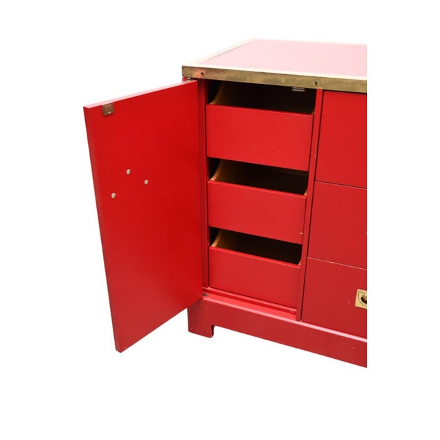 1970's Campaign Style Red and Brass Storage Cabinet by Directional For Sale In Miami - Image 6 of 8