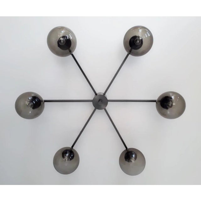 Italian flush mount with six smoky Murano glass shades mounted on solid brass frame in satin black nickel finish / Made in...