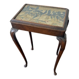 Antique Queen Anne Style Tapestry Top Occasional Table For Sale