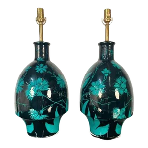 Pair of Mid-Century Modern Ceramic Floral Motif Table Lamps, Green and Blue