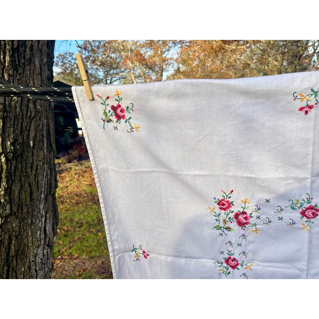 Farmhouse Early 20th Century Embroidered Floral Square Tablecloth For Sale - Image 3 of 11