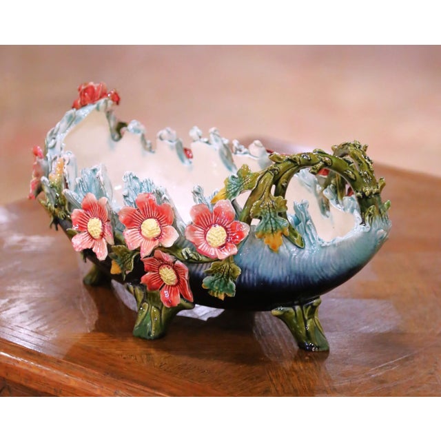 Ceramic 19th Century French Painted Ceramic Barbotine Floral Jardinière Planter For Sale - Image 7 of 10