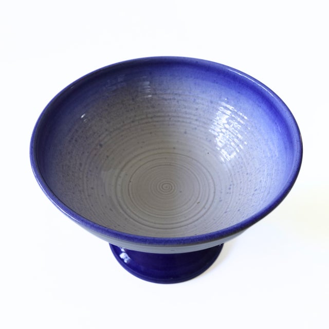 Large Handmade Blue and White Ceramic Bowl on Foot, Sweden For Sale - Image 3 of 5