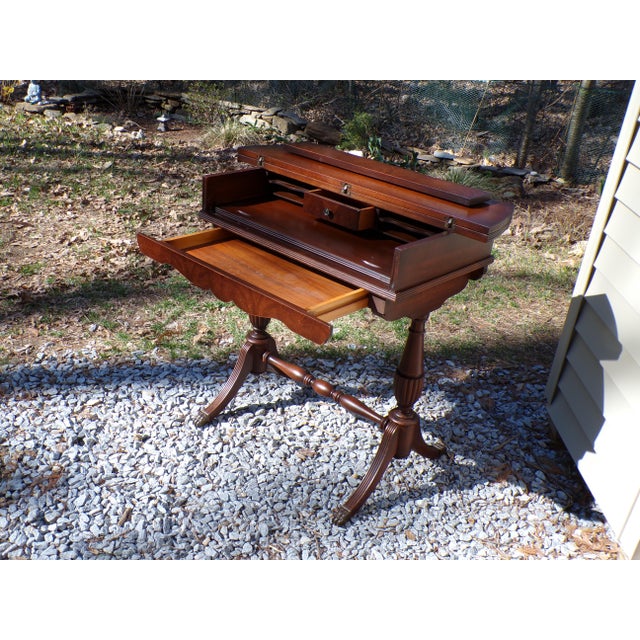 Wood Vintage Mahogany Duncan Phyfe Style Flip Top Writing Spinet Desk Console Table For Sale - Image 7 of 12