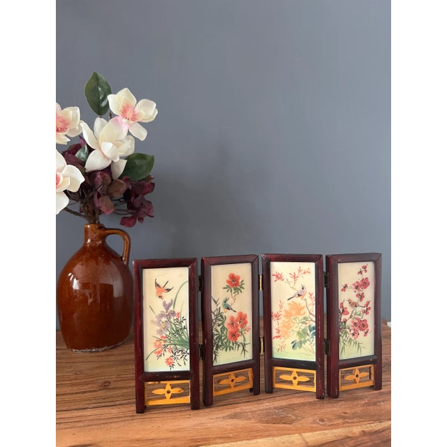 Stunning Asian mini divider. Gorgeous hand painted details on stone with a hand carved rosewood frame. On side of the...