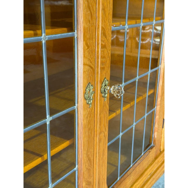 Brown In Style of Henning Kjærnulf Oak Sideboard Credenza With Carved and Leaded Glass Doors Danish Mid-Century Modern 1970s For Sale - Image 8 of 11