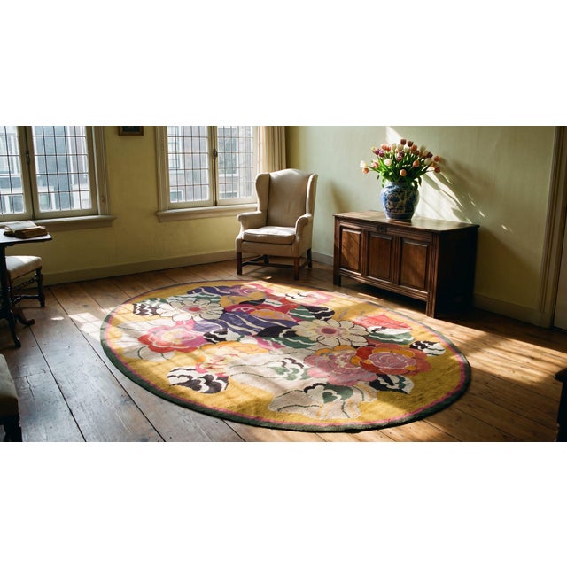 1920s Gorgeous Goldenrod Background With Big Colorful Flowers Oval Antique English Art Deco Rug For Sale - Image 5 of 7
