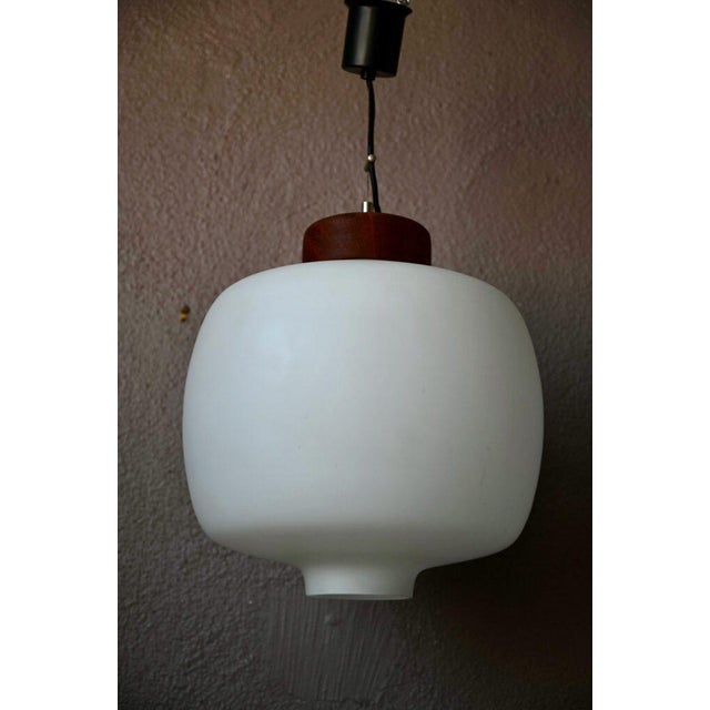 Modern Suspension Lamp in Wood and Opaline Glass attributed to Reggiani For Sale - Image 3 of 8