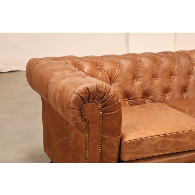 Chesterfield Style 7 Foot Distressed Brown Tufted Leather Sofa For Sale - Image 16 of 17