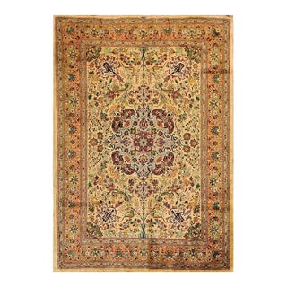 1940s Antique Beige Field Tortises Floral Tabriz Handknotted Silk Carpet Rug For Sale