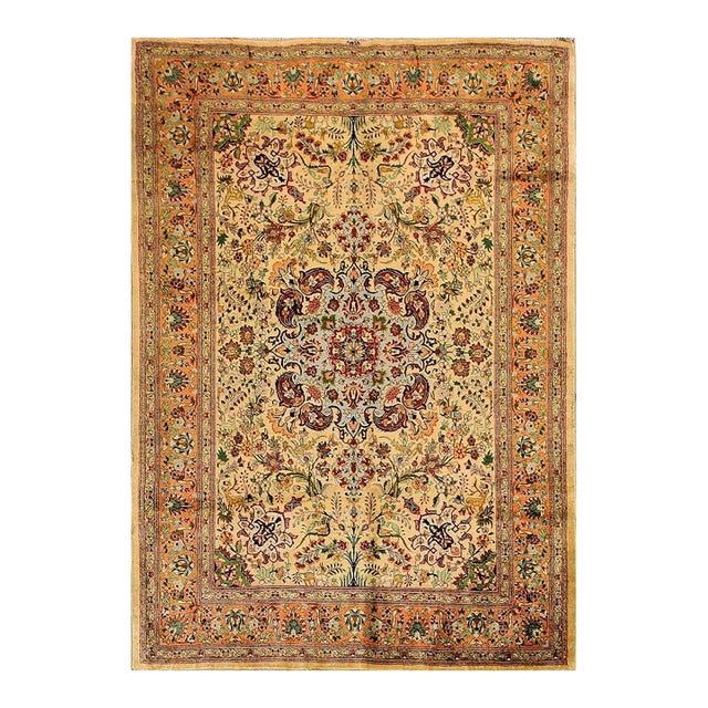 1940s Antique Beige Field Tortises Floral Tabriz Handknotted Silk Carpet Rug For Sale