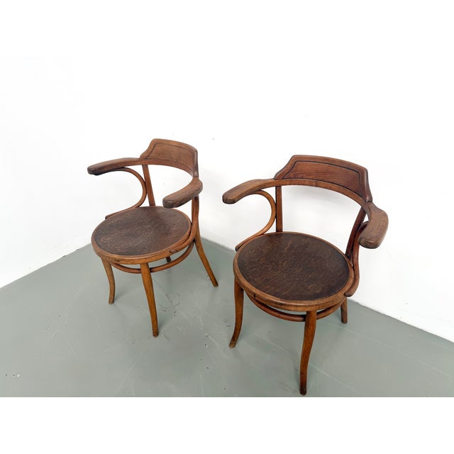 Bent Beechwood Desk Chairs with Pyrographed Seats from Thonet, 1930s, Set of 2 For Sale - Image 3 of 17