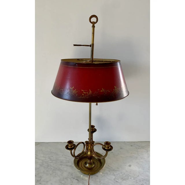 Mid 20th Century French Provincial Brass Three-Arm Horn Bouillotte Lamp With Red Tole Shade For Sale - Image 9 of 10