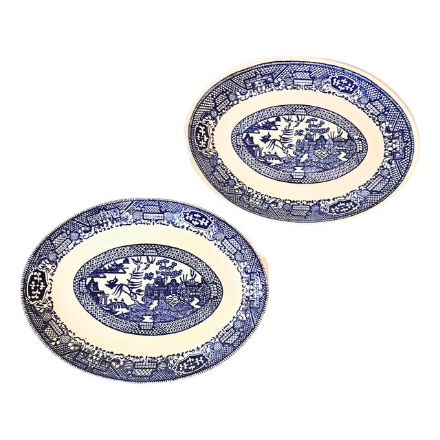Vintage Flow Blue Willow Ironstone Platters- Set of Two For Sale