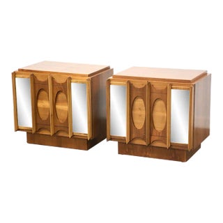 Walnut Tobago Brutalist Mirrored Nightstands - a Pair For Sale