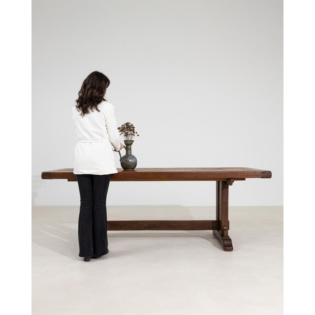 Brown Oak Trestle Dining Table in Original Patina, Antique, France, Circa 1970 For Sale - Image 8 of 11