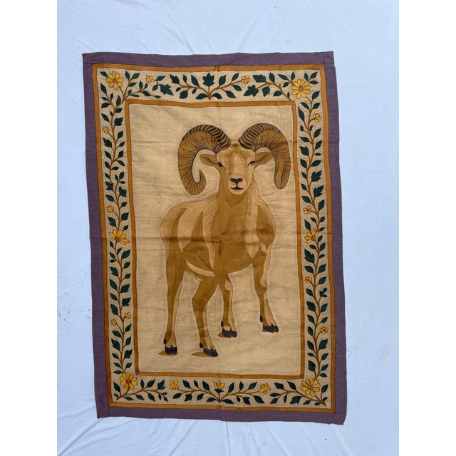 Hand Embroidered Mountain Ram Tapestry, 1980s, in Very Good conditions. Designed 1980 to 1989
