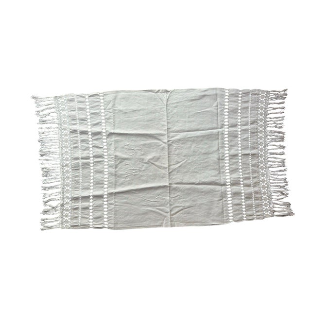 Antique French Heirloom Linen Towel Bm Monogram Drawn Thread Work Hand Knotted Fringe Trousseau Textile Circa 1900 For Sale - Image 11 of 12